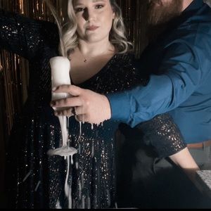 Irridicent sequins skater dress with sleeves